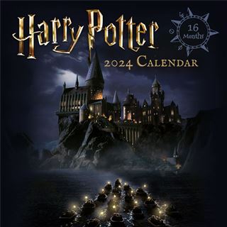 The cover of the "Harry Potter 2024 Square Wall Calendar" by Blue Dog Posters displays a nighttime scene of Hogwarts castle illuminated under a dark sky. Several small boats with lanterns are making their way towards the castle. Printed on premium 180gsm gloss paper, this calendar includes coverage for 16 months.
