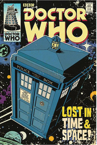 MTV 317's "Dr Who (Lost in Space and Time)" poster features the TARDIS, planets, stars, and a Dalek in a comic book style with "Lost in Time & Space!" text. Premium gloss finish.