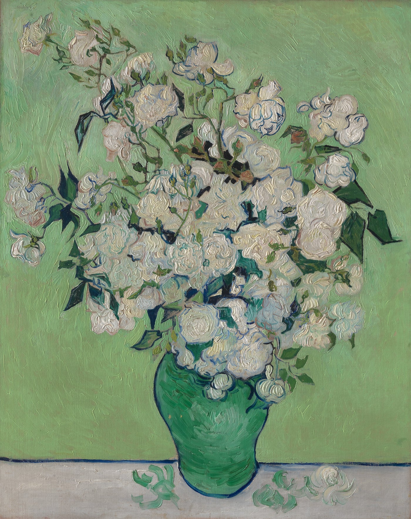 Roses - Vincent Van Gogh by GAL92 features a green vase of white roses on a table with a light green background. The painting’s visible brushstrokes and impressionistic style recall Van Gogh’s Saint-Rémy works, with fallen petals on the table.