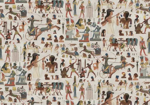 The Egyptian Art Poster Wrap by Blue Dog Posters depicts a vibrant and detailed scene on decorative paper, showcasing various ancient Egyptian-themed illustrations. Figures in ancient Egyptian costume are engaged in diverse activities such as chariot rides, hunting, and religious rituals, all surrounded by hieroglyphics, deities, and artifacts.