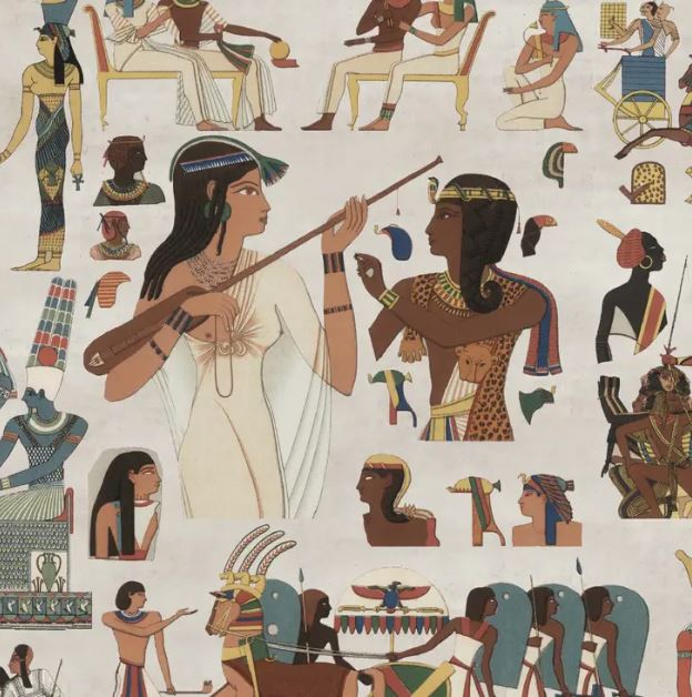 The Egyptian Art Poster Wrap by Blue Dog Posters portrays various scenes from ancient Egyptian life on decorative paper, featuring a woman playing a lute, another holding a fan, men and women in traditional attire, and symbols like the ankh and hieroglyphs scattered throughout the scene.