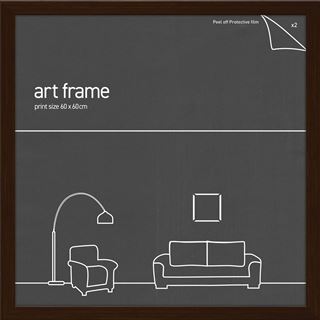 A diagram of an art frame labeled "Classic Frame 60x60cm Rustic Oak" by Blue Dog Posters, with a protective film indicated in the top right corner. Below, a minimalist outline of a living room setup is displayed, featuring a floor lamp, an armchair, a sofa, and a framed picture in the Rustic Oak Classic Frame from Blue Dog Posters on the wall.