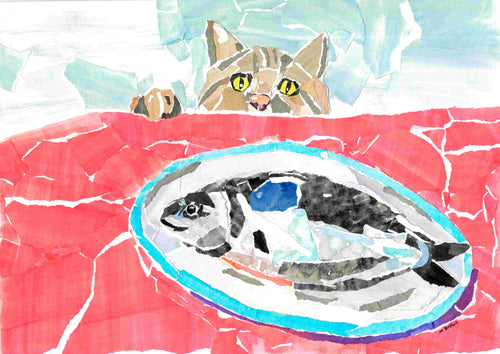 Dreaming of a Fish Dinner by Melanie Brown, from Blue Dog Posters, features a brown cat with yellow eyes eyeing a whole fish on a plate over a red tablecloth. This collage art print is part of the Melanie Brown Featured Artist Collection.