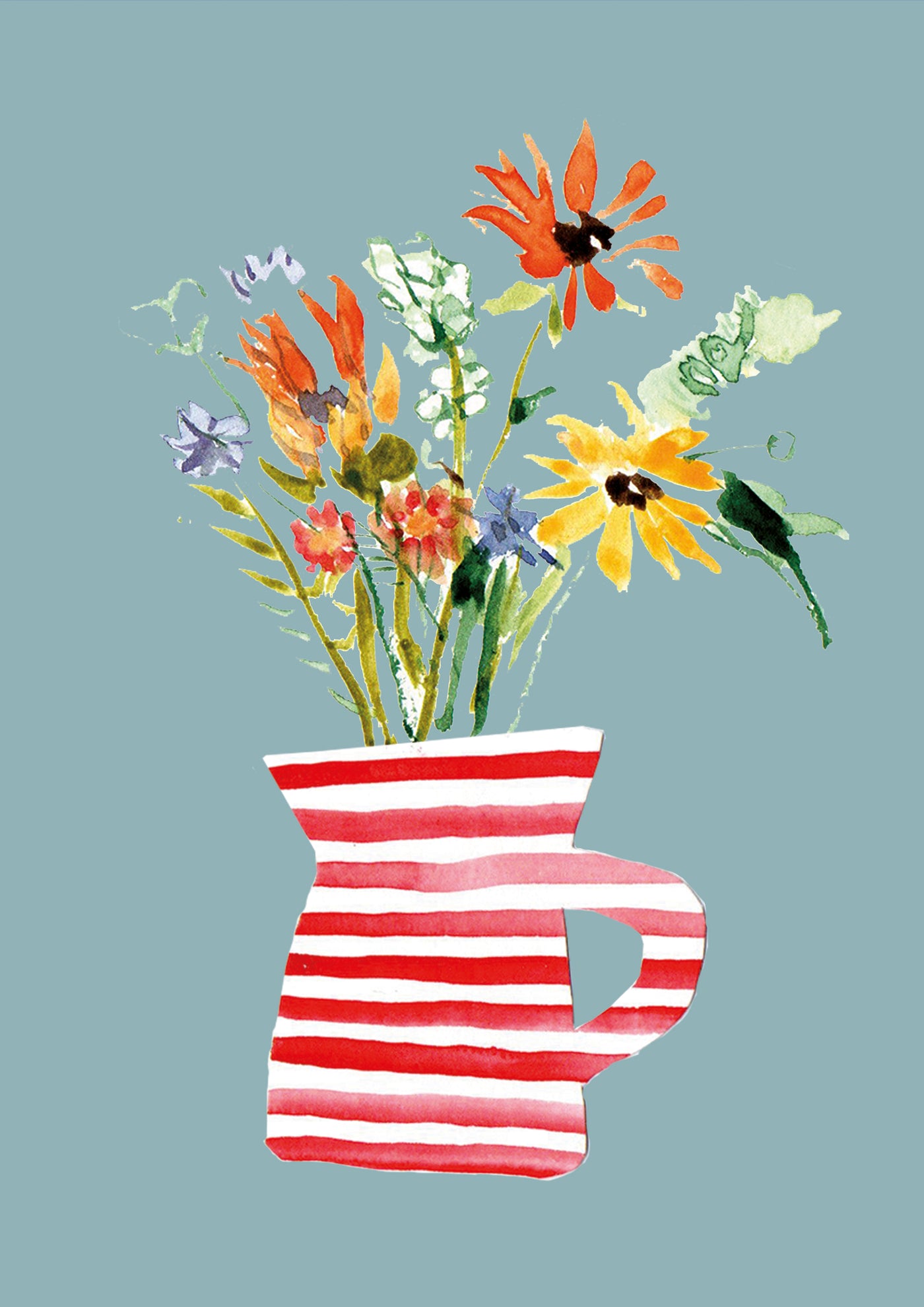 Flower Jug by Poet & Painter A5 from fap: a watercolor of wildflowers in a red and white striped jug on a light blue background. Ideal for postcard frames or as mini art prints, part of the little art series.