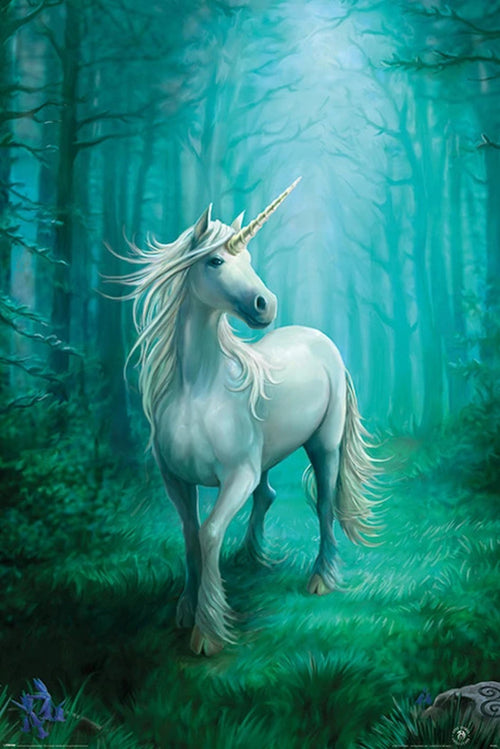 The Anne Stokes Forest Unicorn by ART 039 captures a majestic unicorn standing gracefully in a mystical forest bathed in soft, turquoise light. Its mane flows elegantly, and its golden horn gleams. Printed on large regular posters, the image exudes an enchanting and magical atmosphere amid tall trees and lush greenery.
