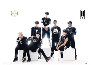 Seven young men are posing in black outfits against a white background. They are wearing various types of sneakers, sunglasses, and hats, with some sitting and others standing. "BTS" is written on the right side of the image, and "2 A" with the MUS 274 logo is on the left side, making this BTS Black and White poster perfect for any music collection or pop poster display.