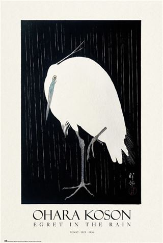 The ART Egret in the Rain Japanese print by Ohara Koson shows a white egret elegantly standing with its head slightly lowered against a dark, rainy backdrop. Part of the Large Decor Series.
