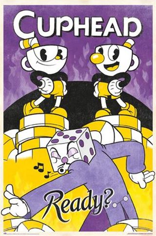 Promotional poster for the video game Cuphead, branded by GAM 014. Printed on premium 150gsm gloss paper, the "Cuphead - Ready" poster features Cuphead and Mugman standing on stacks of gold coins against a dynamic purple and yellow background. Below them, King Dice is shown singing. The word "Cuphead" appears at the top and "Ready?..." at the bottom. Ideal for any gaming collection!