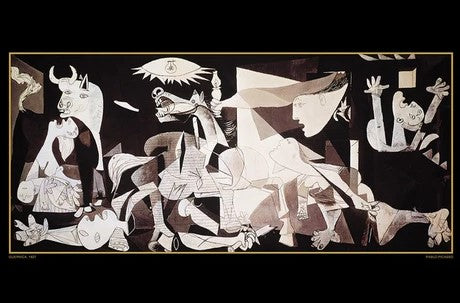 Guernica - Picasso" by ART 066 is a black, white, and gray art poster depicting anguished figures, a horse, and a bull amid chaos—symbolizing the horrors of war.