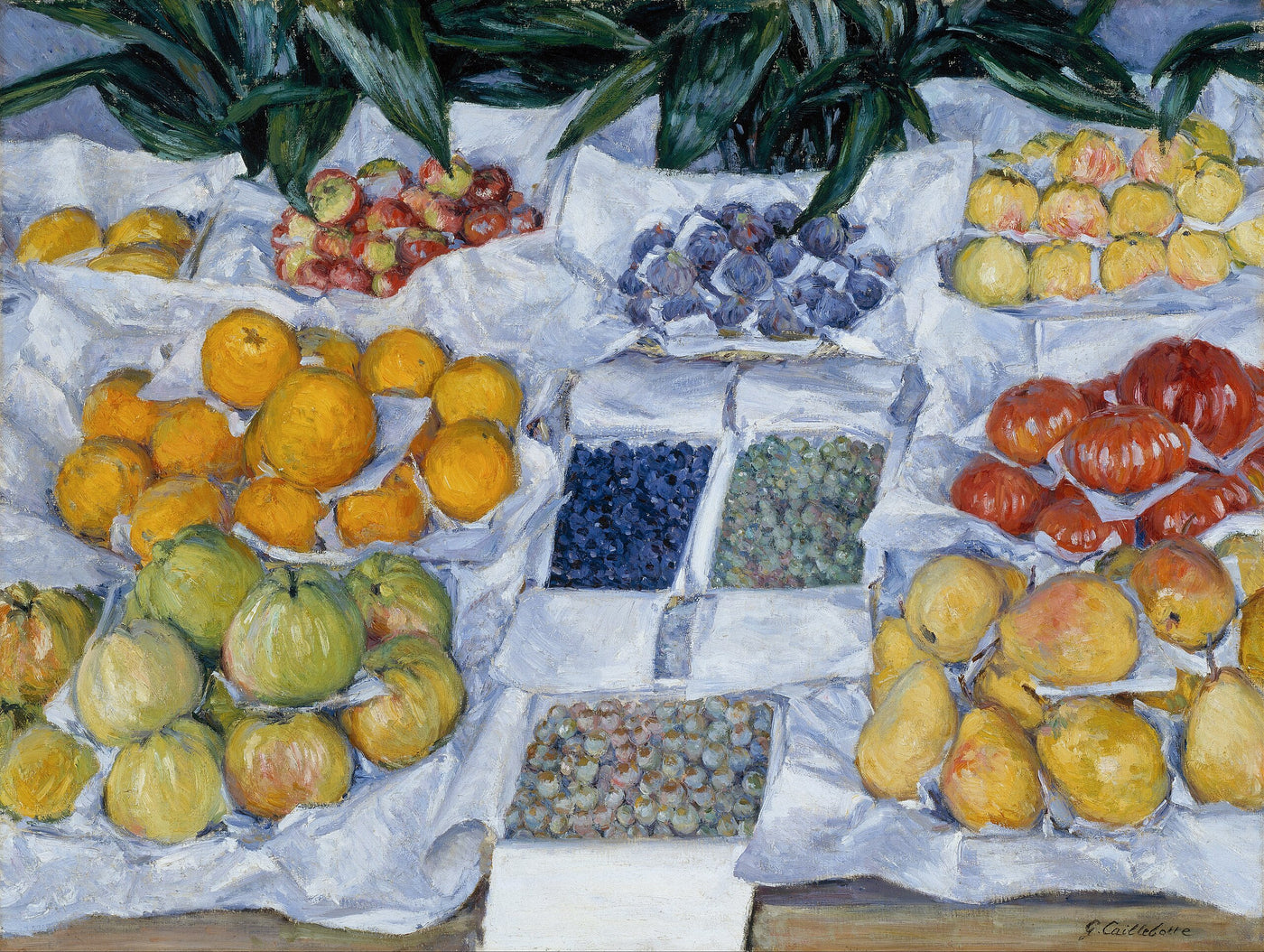 Blue Dog Posters’ “Fruit displayed on a Stand - Gustave Caillebotte” features oranges, apples, grapes, and tomatoes arranged on a table with green leaves in the background, capturing a vivid still life scene.