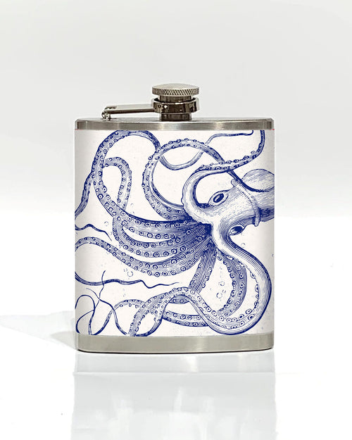 Part of the Cool Gifts Collection, the Kraken Octopus - Hip Flask by Blue Dog Posters features a blue, intricately detailed octopus illustration on the front. The octopus is depicted with its tentacles spread out, creating a visually striking design against the flask's metallic background.