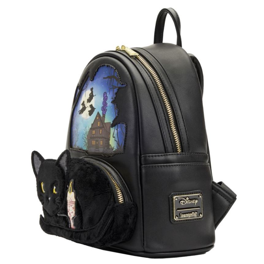 The Hocus Pocus Binx Plush Pocket Mini Backpack by Blue Dog Posters is a black mini backpack adorned with a plush black cat on the front pocket, featuring striking yellow eyes that evoke Thackery Binx. The main compartment displays a spooky house with witches soaring on broomsticks across a dark sky. The bag is finished with gold zippers and features the "Disney Loungefly" metal logo plate on the bottom right.