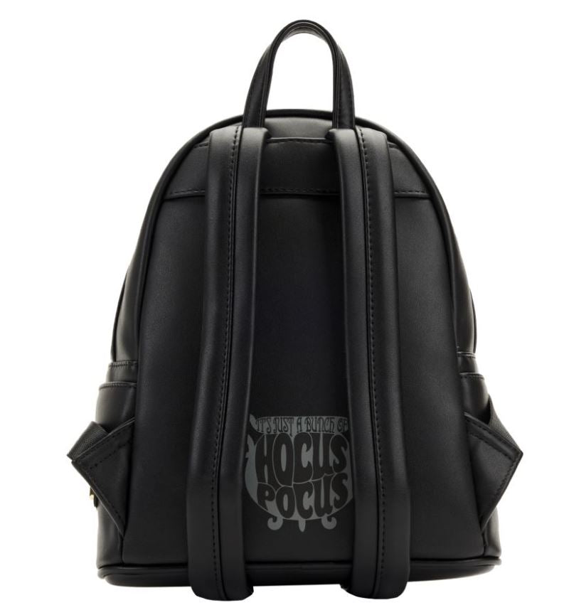 The Hocus Pocus Binx Plush Pocket Mini Backpack from Blue Dog Posters is shown from the back, showcasing its two adjustable shoulder straps. The center of the black backpack features the phrase "Just a Bunch of Hocus Pocus" in stylized text, reminiscent of the Sanderson Sisters' charm. The sides have small side pockets with zipper closures.