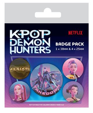 The K-Pop Demon Hunters - Huntrix Songs Badge Pack by Blue Dog Posters includes five vibrant badges with animated character and text designs, making it a perfect movie gift in branded packaging.