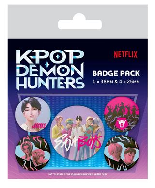 A must-have for any movie fan, the K-Pop Demon Hunters - Saja Boys Badge Pack by Blue Dog Posters includes five vibrant badges with illustrated characters and group images, in 1 x 38mm and 4 x 25mm sizes, on branded packaging.