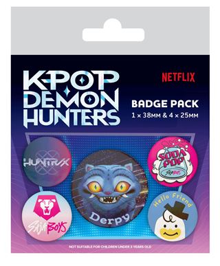 The K-Pop Demon Hunters - Derpy Badge Pack by Blue Dog Posters includes five colorful badges with playful cartoon animals and fun text designs—perfect for any movie fan.