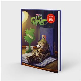 The Guardians of the Galaxy I am Groot 2024 A5 Planner from Blue Dog Posters' Stationery Gifts Collection features a high-quality hard cover adorned with a character from Marvel Studios' "I Am Groot." The small tree-like figure lounges on a striped beach towel under a sun lamp, wearing sunglasses. The A5 wiro planner also showcases a palm tree and two small decorations.