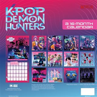 The back cover of the Blue Dog Posters "K-Pop Demon Hunters - 2026 Calendar" showcases vivid, stylized animated K-pop characters in monster-hunting and band scenes, with each month featuring pink, blue, and purple artwork.