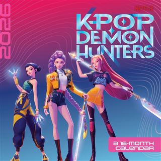 Three animated female warriors with swords pose boldly in vibrant futuristic outfits against a lively backdrop. "K-Pop Demon Hunters - 2026 Calendar" by Blue Dog Posters is featured, with monster-hunting themes in striking stylized fonts.