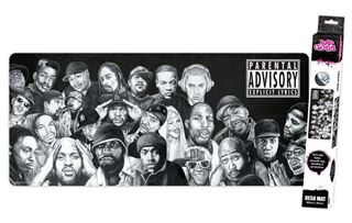 Introducing the "Rap Gods - XXL Gaming Mat" by Blue Dog Posters, a rectangular desk mat adorned with black and white illustrations of various rap artists' faces, making it an ideal addition to any gaming room. A "Parental Advisory" label stands out in the upper-right corner. This mat is designed for smooth mouse control with a non-slip base and is displayed alongside its packaging on the right side of the image.