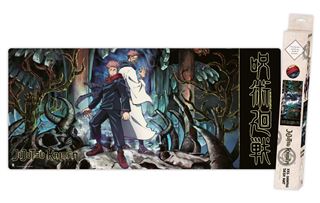 The Jujutsu Kaisen - Back to Back - XXL Gaming Mat by Blue Dog Posters showcases two characters in dynamic poses set against a dark, mystical forest with twisting trees and eerie lighting. Designed for optimal mouse control, it features a non-slip base, with the packaging displayed on the side.
