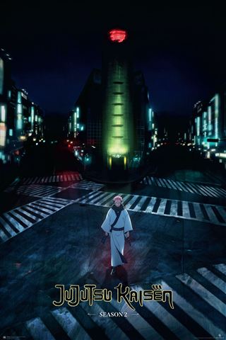 A lone figure in traditional Japanese clothing stands at a dark city intersection, facing a tall building with a glowing red light. This premium gloss poster by MTV 238 features "Jujutsu Kaisen - Sibuya Sakuna Series 2.