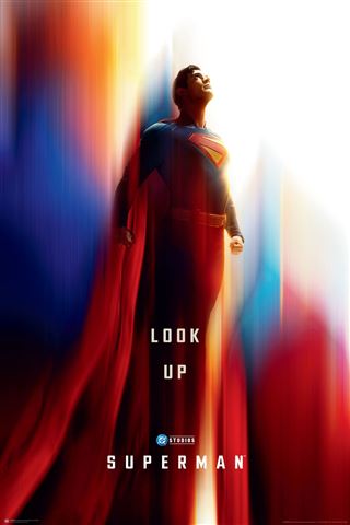 Superman stands heroically with his cape flowing under bright light. "LOOK UP" and "SUPERMAN" appear in bold white below, from the DC Comics - Superman Look Up collection by MTV 181.