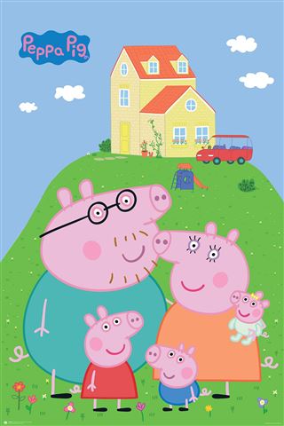 Peppa Pig - Evie by KID 003 shows a smiling pig family on a grassy hill with a yellow house, red car, and blue sky. The "Peppa Pig" logo is at the top left, making this a perfect poster for any fan's room.