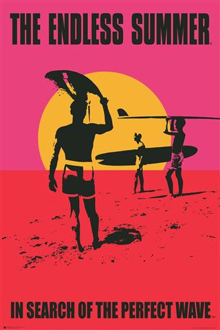 MTV 212’s "The Endless Summer" poster from our Movies & TV Collection features three silhouetted surfers at sunset in vivid pink and yellow—celebrating this cult classic’s quest for the perfect wave.