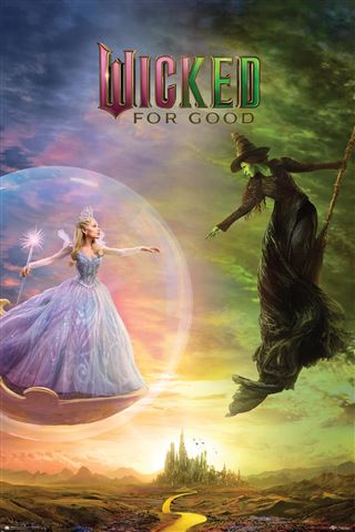 The MTV 403 "Wicked 2 - For Good" poster features Glinda in pink inside a bubble with her wand, Elphaba on a broomstick, and the yellow brick road to Emerald City—a must-have for any movies & TV collection of large regular posters.