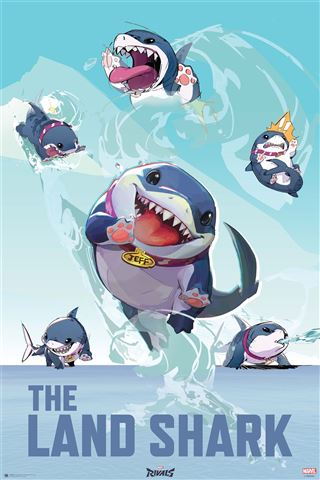 Five adorable, cartoon blue sharks with expressive faces and pink tongues are featured, with the largest wearing a "JEFF" collar. GAM 049’s Marvel Rivals – Jeff the Land Shark poster includes "THE LAND SHARK" text, ocean waves, and bubbles—great gaming wall art!.