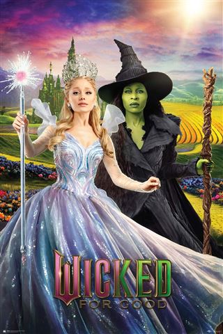 Two women in fantasy costumes stand in a vibrant landscape on the MTV 058 "Wicked 2 - Road to Oz" poster. One wears a sparkly blue gown and crown; the other, with green skin and a black hat, holds a staff. The text reads "Wicked For Good.