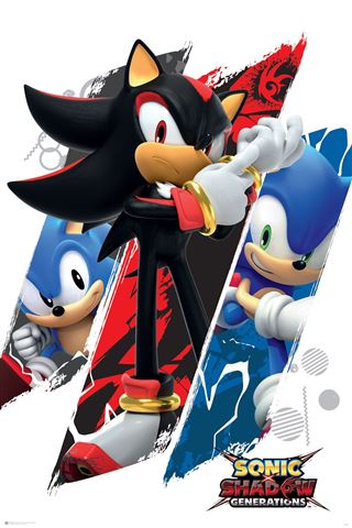 The GAM 065 "Sonic the Hedgehog - Sonic and Shadow" large regular poster showcases Shadow at the center, two Sonics on each side, vibrant streaks behind them, and the "Sonic Shadow Generations" logo below—ideal for any gaming collection.