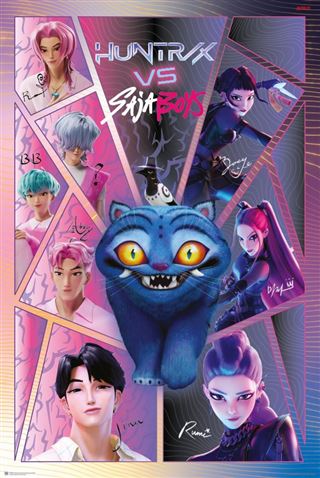 A vibrant poster from MTV 008's "K-Pop Demon Hunters - Broken Glass" features a grinning blue cat with yellow eyes at the center, surrounded by stylized portraits—a standout piece for any Movies & TV Collection.