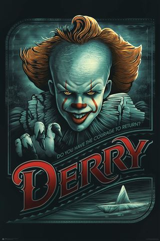 Pennywise with orange hair and sharp teeth looms over "Derry" in this chilling IT: Welcome to Derry - Pennywise poster by MTV 198. A paper boat drifts below, daring you with, "Do you have the courage to return?" Perfect for horror fans.