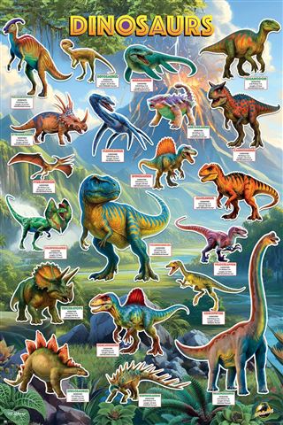 The EDU 021 P.D. Moreno - Dinosaur Stats poster features colorful dinosaur illustrations labeled with names, set in a lush prehistoric scene with volcanoes and rivers. "DINOSAURS" highlights the top of this science-themed educational poster.
