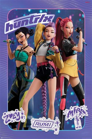 Three stylish animated girls pose boldly on a purple digital background, inspired by K-Pop Demon Hunters. "K-Pop Demon Hunters - Huntrix Stickers Poster" by MTV 099 shows "huntrixx" above, with "Zvey," "Rumi," and "Mix" labeled below.