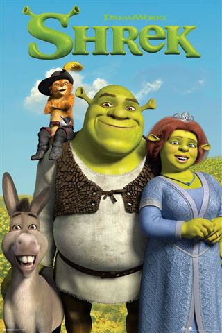 Shrek - Blue Sky by KID 002: Poster from our Movies & TV Collection featuring Shrek, Fiona, Donkey, and Puss in Boots standing in a sunny field with the green "Shrek" logo above.