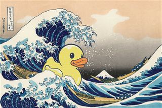 The OTC Art - Great Wave and Duck by ALT 037 playfully reimagines Hokusai's classic with a giant yellow duck, making this Japanese art poster a fun addition to any art or decor collection.
