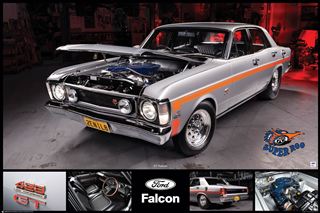 Displayed in a garage, the Ford - Falcon XYGT Grey by CAR 003 shines with orange stripes. This premium gloss Motor Sport Poster includes detailed insets of the engine, trunk, interior, rear view, and “Ford Falcon” badge.