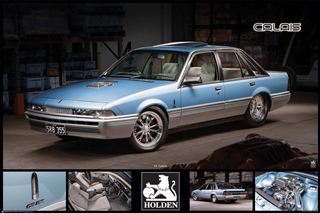 A blue and silver Holden - VL Calais sedan by CAR 018 is displayed in a garage, with smaller images below showing interior, wheels, engine, and logo—ideal for collectors or striking motor sport posters. "CALAIS" is at the top right.