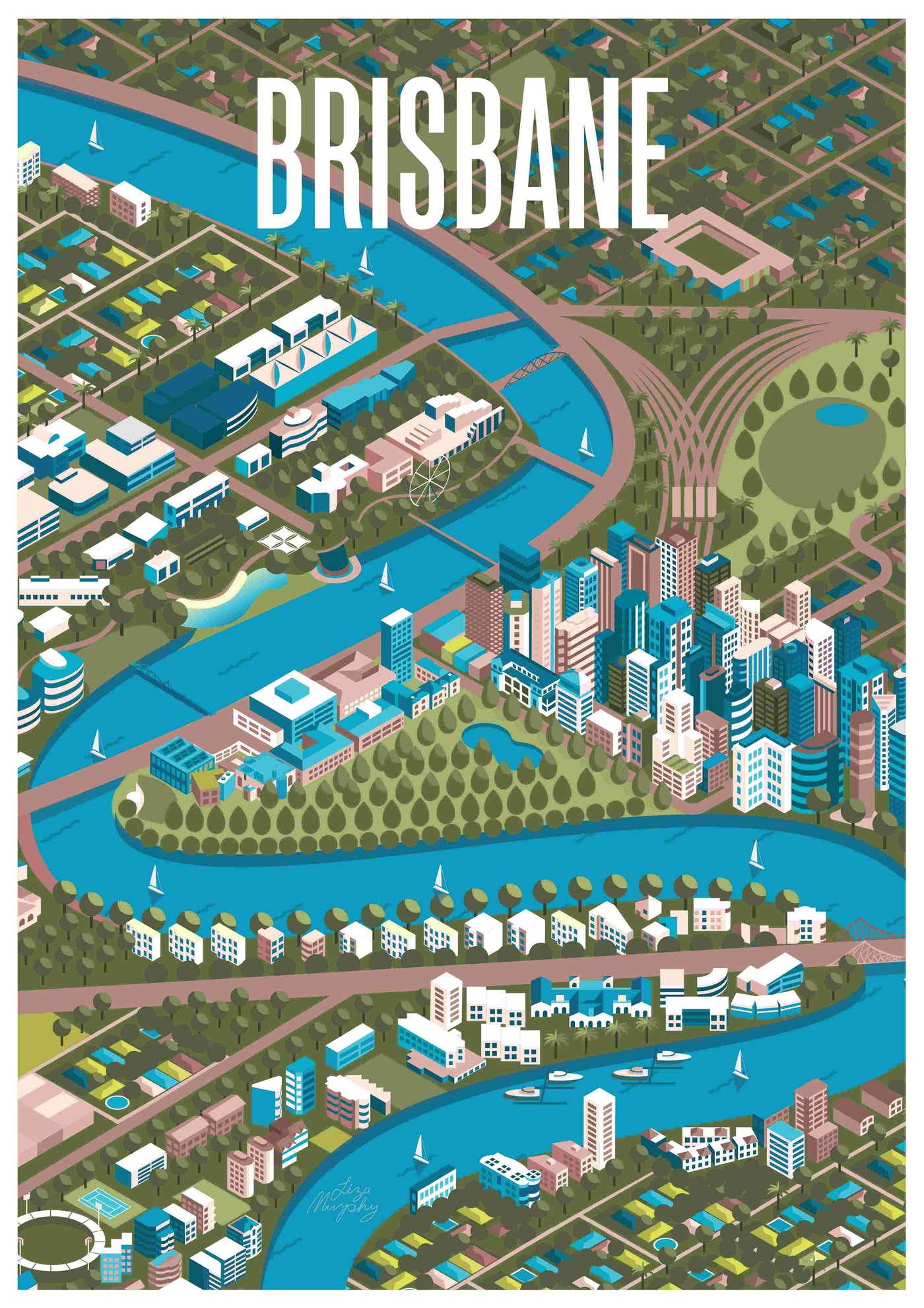 The "ISO Brisbane" art print by Liza Murphy, available from fap, offers a vibrant and detailed depiction of Brisbane. It highlights key landmarks, buildings, and the meandering Brisbane River. This high-quality illustration showcases both urban and suburban areas, lush parks, and various bridges linking different parts of the city, with "Brisbane" proudly displayed at the top.