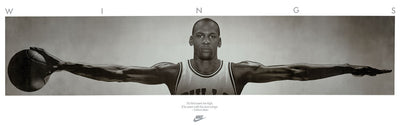 The sepia-toned poster, "Michael Jordan - Wings (Front)" by Blue Dog Posters, showcases the legendary player with outstretched arms, grasping a basketball in one hand. The word "WINGS" flies high above him, accompanied by a quote below that speaks of "limits" and "anger." Ideal for sports memorabilia fans, this dynamic piece is perfected with the iconic Nike logo.