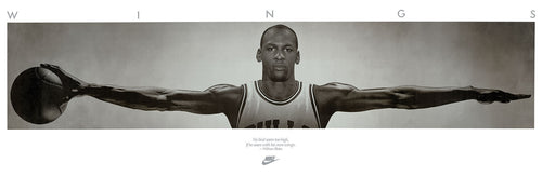 The sepia-toned poster, "Michael Jordan - Wings (Front)" by Blue Dog Posters, showcases the legendary player with outstretched arms, grasping a basketball in one hand. The word "WINGS" flies high above him, accompanied by a quote below that speaks of "limits" and "anger." Ideal for sports memorabilia fans, this dynamic piece is perfected with the iconic Nike logo.
