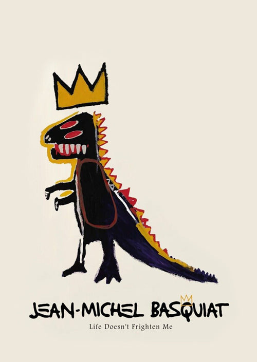 A stylized, childlike drawing of a dinosaur wearing a golden crown is depicted, with "Jean-Michel Basquiat" and "Life Doesn't Frighten Me" inscribed below. The dinosaur is outlined in black with red, yellow, and white accents on a beige background—ideal for an art poster. Presenting the Jean-Michel Basquiat 30x40cm Mini Poster by Blue Dog Posters.