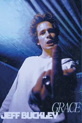 A man in a white shirt stands under blue lighting, looking down at the camera while holding up his middle finger. "Jeff Buckley - Grace" and "MUS 043" appear in the corner, making this a striking music poster for any space.