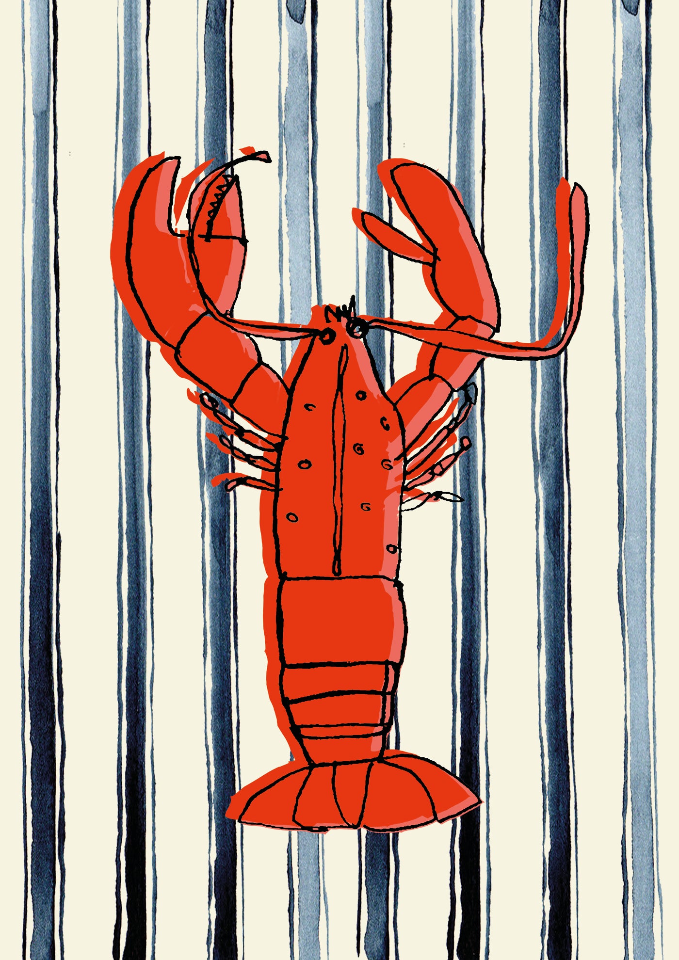 Lobster by Poet & Painter A5 from fap features a bold red lobster centered on wavy black, white, and gray stripes—ideal as small wall art or for displaying in mini art prints and postcard frames.