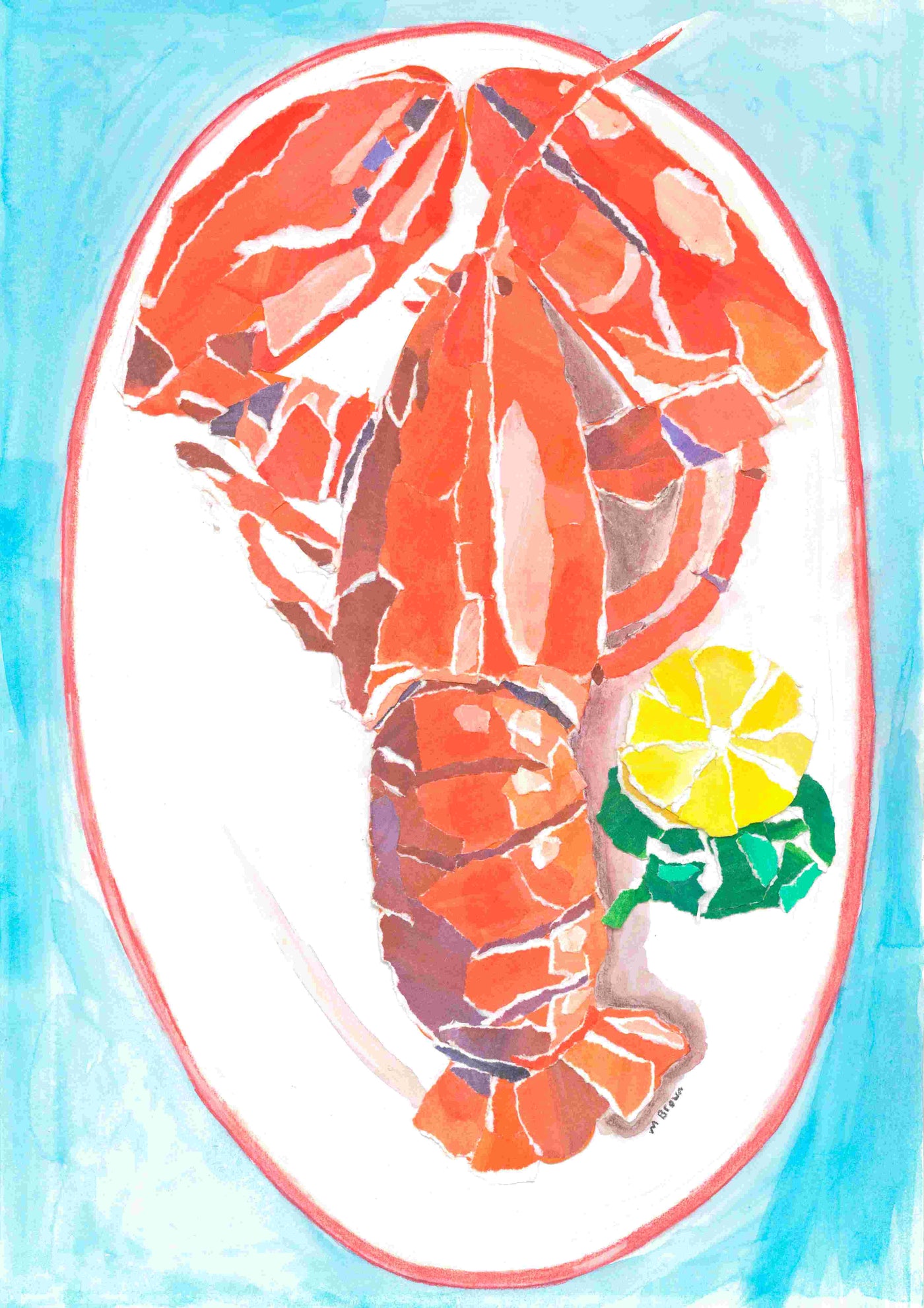 Lobster on Dish by Melanie Brown, an art print from Blue Dog Posters’ Featured Artist Collection, features a cooked lobster with lemon and garnish on a white oval plate against a light blue background.