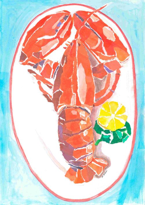 Lobster on Dish by Melanie Brown, an art print from Blue Dog Posters’ Featured Artist Collection, features a cooked lobster with lemon and garnish on a white oval plate against a light blue background.