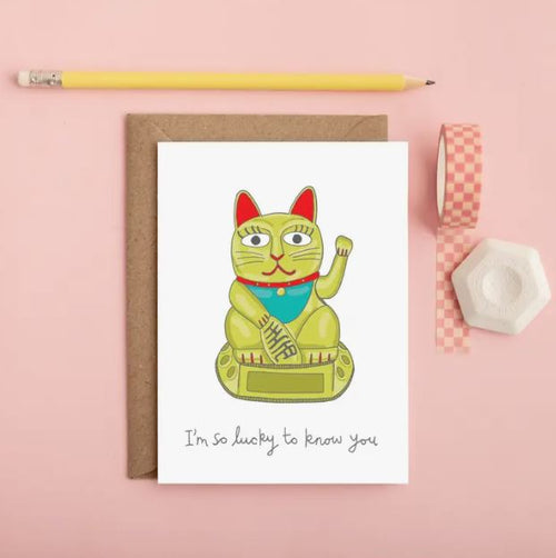 The Lucky Cat Greeting Card by Blue Dog Posters features a hand-drawn Lucky Cat illustration on the front, accompanied by the text "I'm so lucky to know you" underneath. The card is displayed on a brown envelope alongside a yellow pencil, a roll of pink checkered tape, and a white hexagonal object, all set against a pink background.